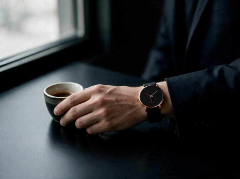 Quiet luxury lifestyle with minimal watch and espresso