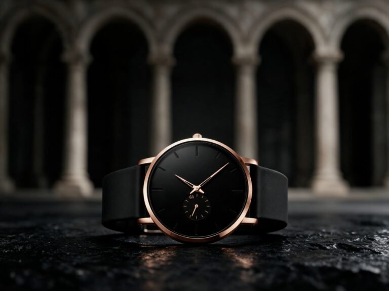 Minimal watch with Roman architectural arches in background